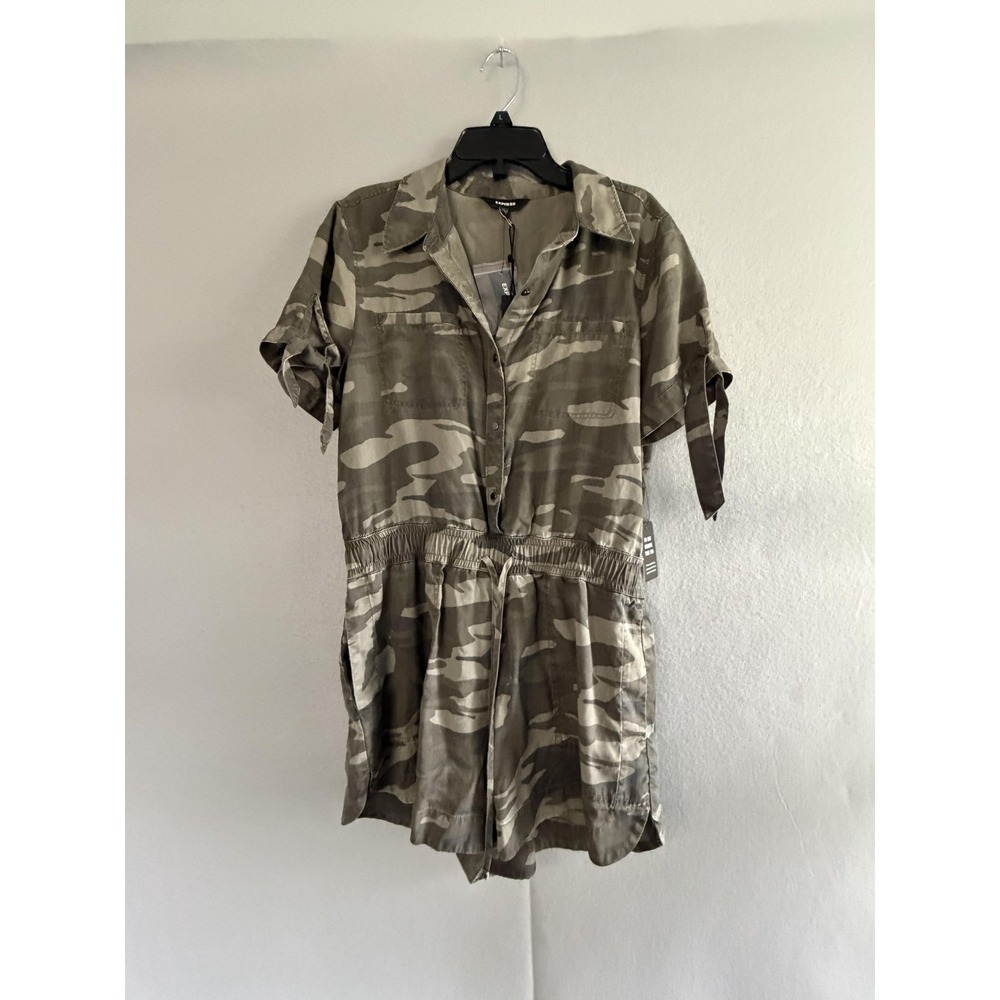 Express Romper Womens M Green Camo Collared Snap Front Elastic Waist Pockets